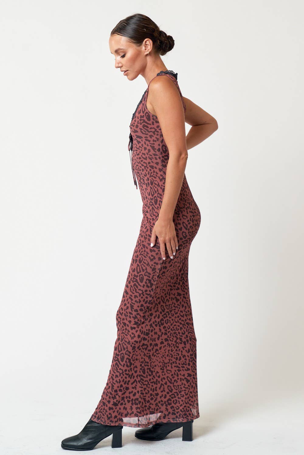 MESH LEOPARD PRINT LACE DETAIL MAXI DRESS