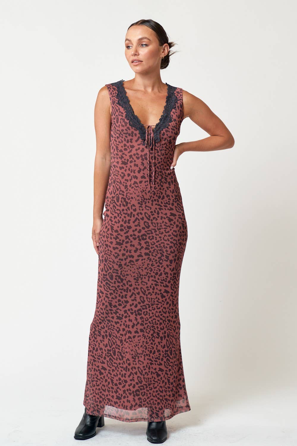 MESH LEOPARD PRINT LACE DETAIL MAXI DRESS