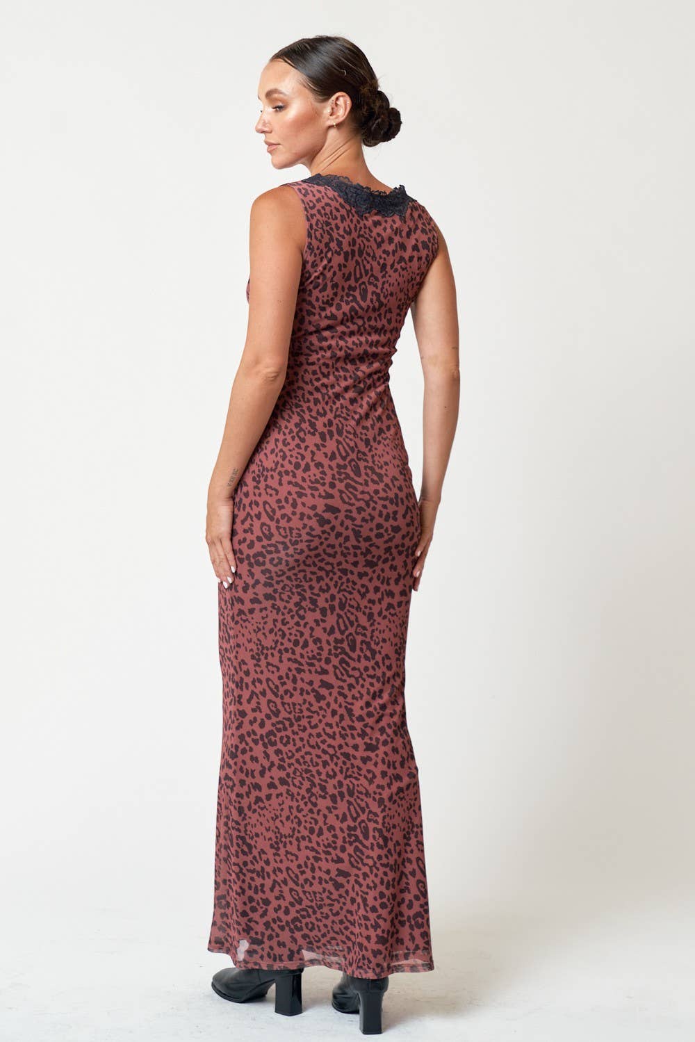 MESH LEOPARD PRINT LACE DETAIL MAXI DRESS