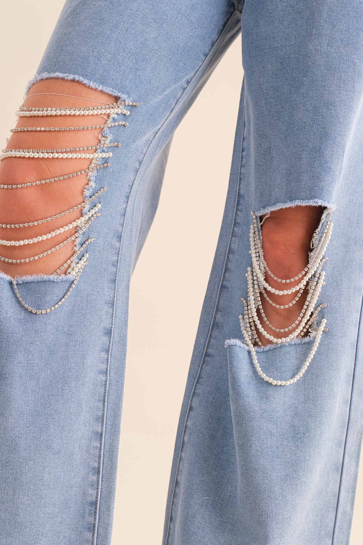 Washed Pearl Rhinestone Knee Trim Denim Jeans