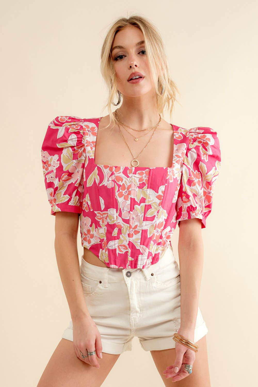 Poplin Cotton Tropical Floral Print Smocked Top