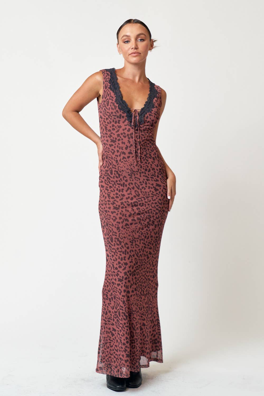 MESH LEOPARD PRINT LACE DETAIL MAXI DRESS