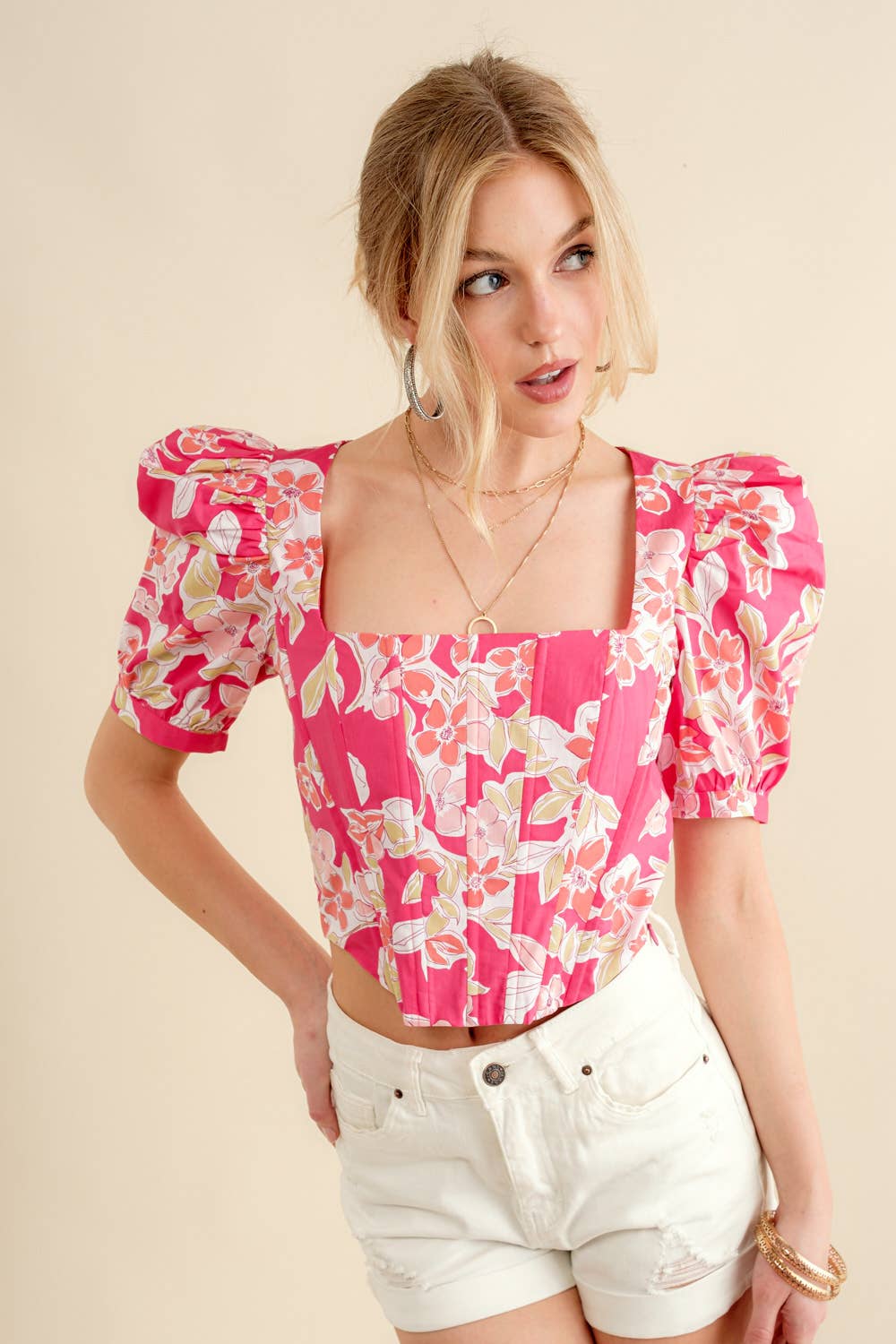 Poplin Cotton Tropical Floral Print Smocked Top