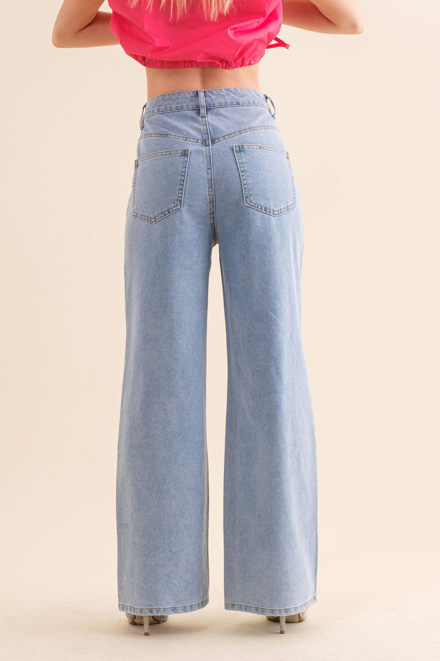 Washed Pearl Rhinestone Knee Trim Denim Jeans