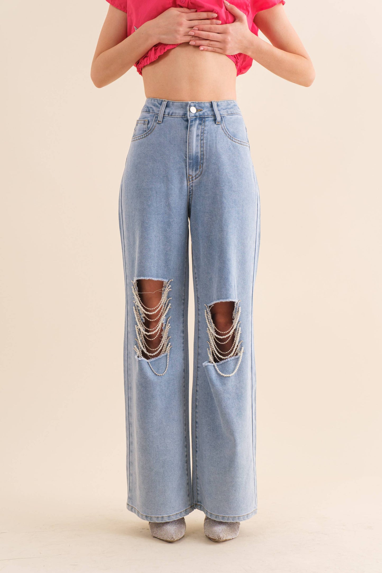 Washed Pearl Rhinestone Knee Trim Denim Jeans